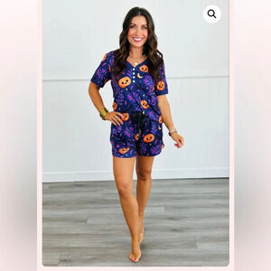 Shirley & Stone Purple‎ Pumpkin Short With Short Sleeve Pajama Set Size Small